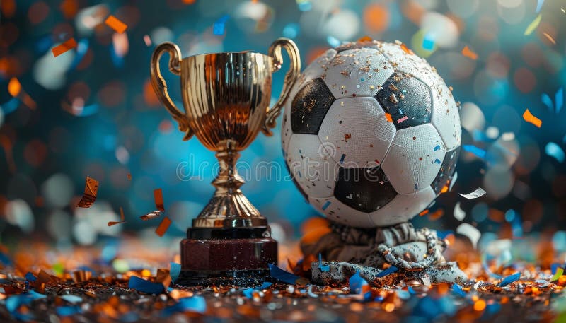 A soccer ball and a trophy are on a table with confetti around them by image royalty free stock image.