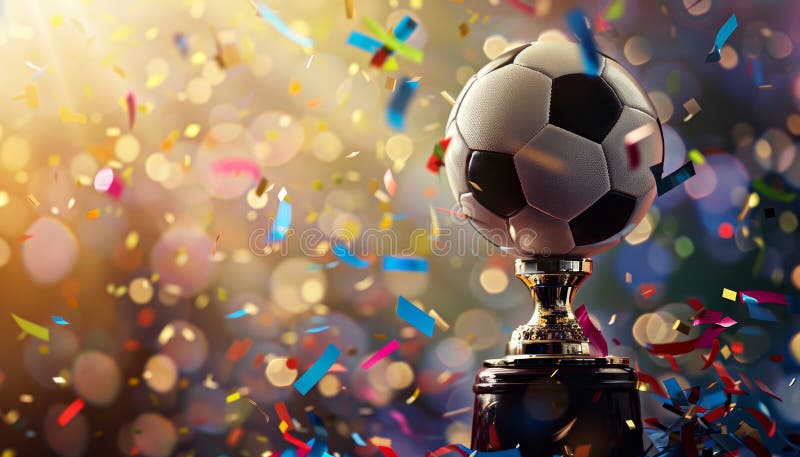 A soccer ball and a trophy are on a table with confetti around them by image stock photo.