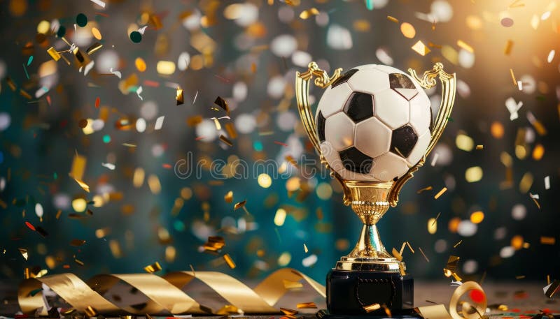 A soccer ball and a trophy are on a table with confetti around them by image stock photos.