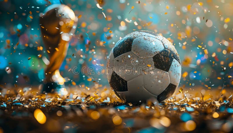 A soccer ball and a trophy are on a table with confetti around them by image royalty free stock photo.