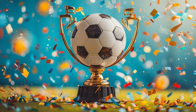 A soccer ball and a trophy are on a table with confetti around them by image royalty free stock photos.