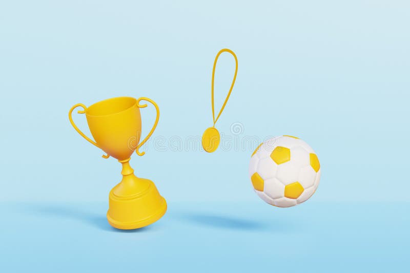 Soccer Ball, Winner Cup and Medal Flying on Blue Background.3d Render