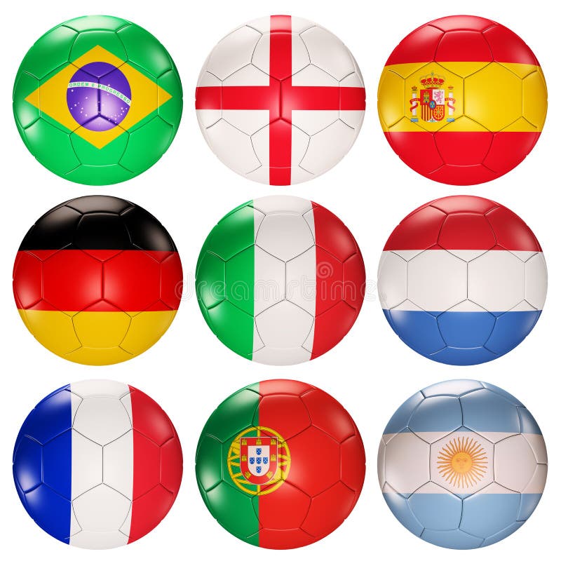Soccer Balls Flags of Top Ranked Countries 3d Stock Illustration