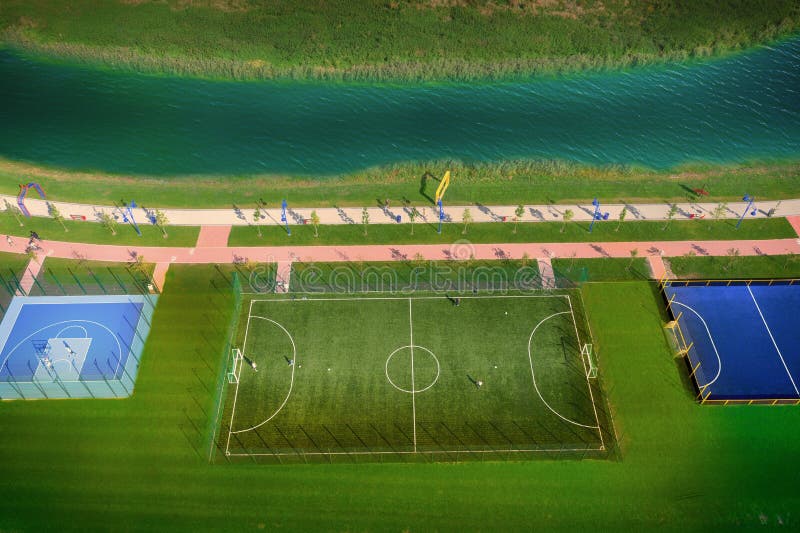 Soccer Field in the Park by the River, Top View Stock Photo Image of