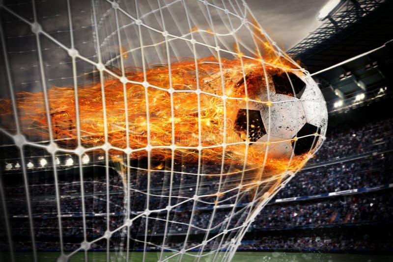 Soccer fireball scores a goal on the net.
