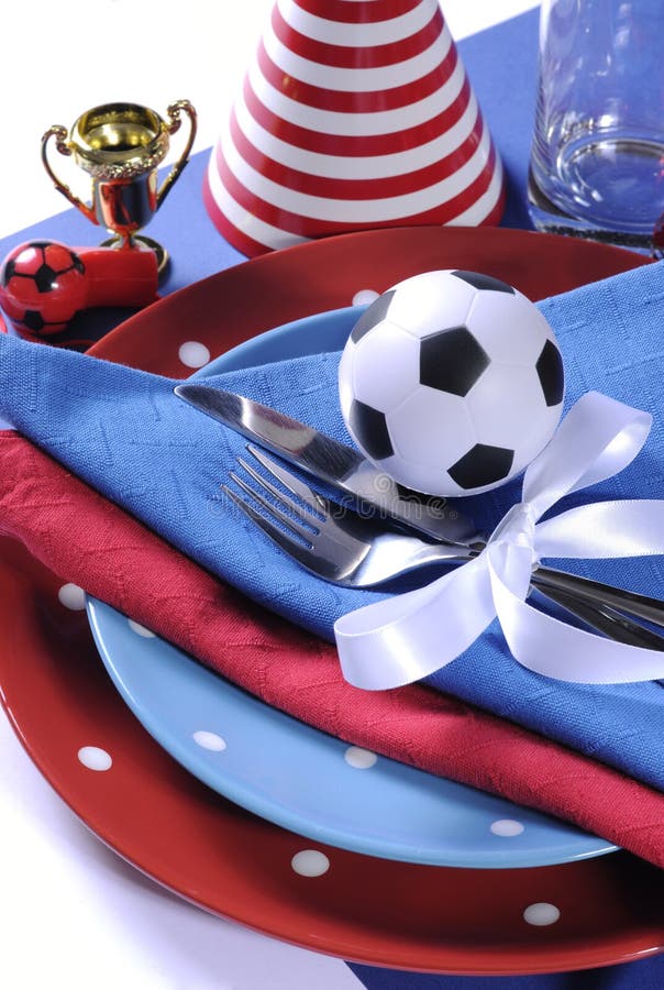 Soccer football party table in red white and blue team colors -