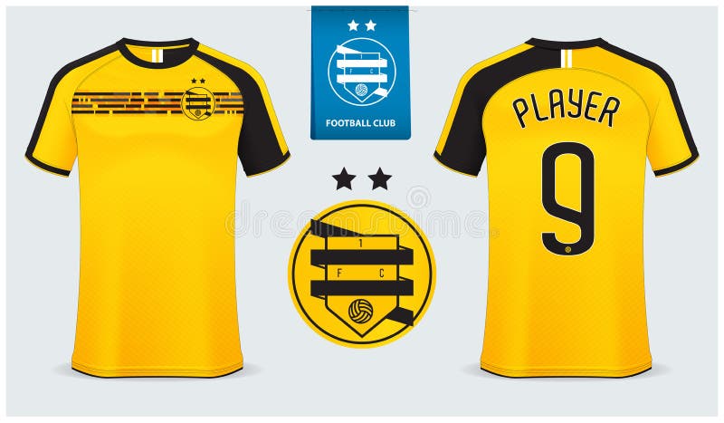 Occer jersey, football kit mockup template design for sport shirt. Football t-shirt mock up. Yellow and black soccer uniform.