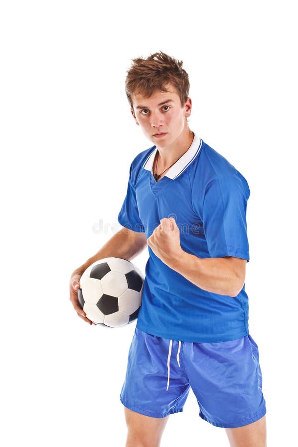 Smiling Footballer in Sport Wear Holding a Soccer Shoes and Foot Stock