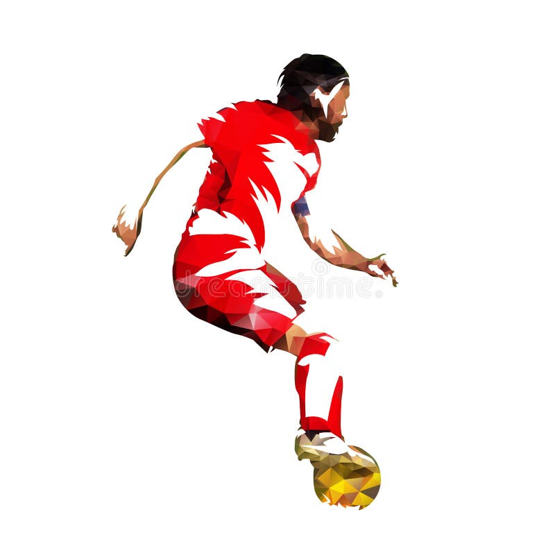 Soccer player in red jersey with ball, low poly vector illustration. European football player running with ball. Side view royalty free illustration Soccer player in red jersey with ball, low poly vector illustration. European football player running with ball. Side view royalty free illustration