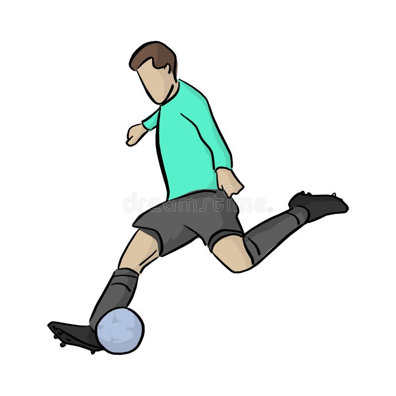 Soccer player shooting a blue ball vector illustration with black lines isolated on white background stock illustration Soccer player shooting a blue ball vector illustration with black lines isolated on white background stock illustration