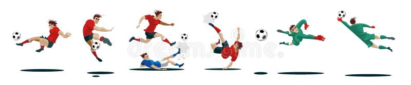 Soccer Players Kicking Ball and goalkeepers. Set Collection of different poses.