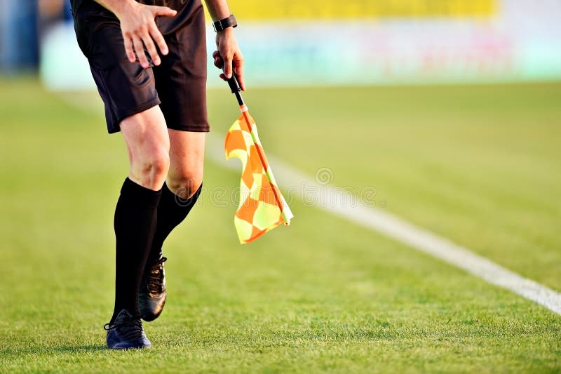 Soccer Referee with Flag on the Sideline Stock Image Image of stadium