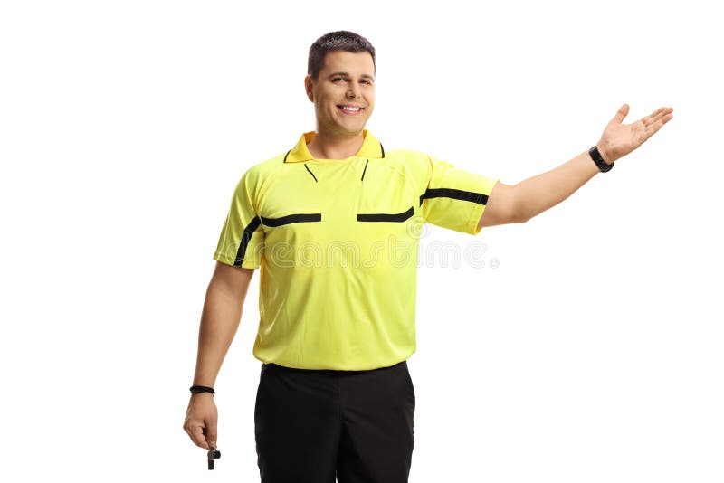 Soccer Referee Holding a Whistle and Pointing with Hand Stock Image
