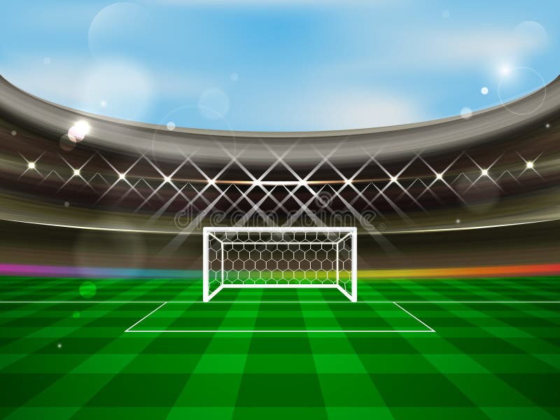 Soccer stadium banner. Football arena with spotlights, tribunes, soccer goal net and green grass.