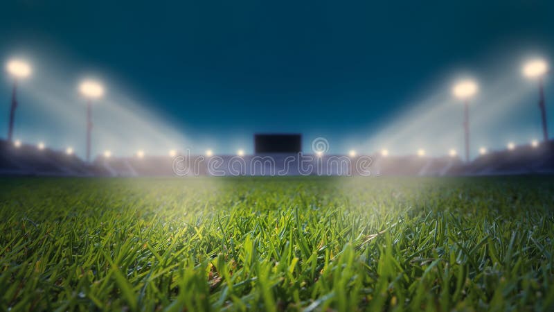 Soccer Stadium with Green Grass Field with Bright Floodlight Background.lights at night and football stadium