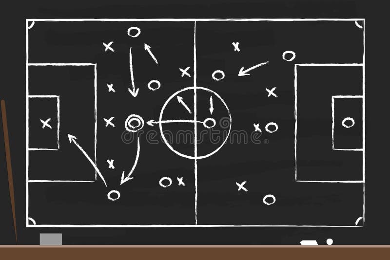 Soccer strategy on the black board with point stick, washcloth and chalks. Drawing tactical scheme for football team. Soccer