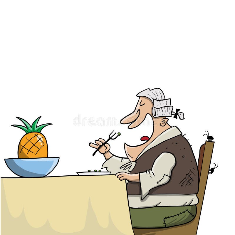 Poor aristocrat man eating dinner. With big pinapple on the table vector illustration