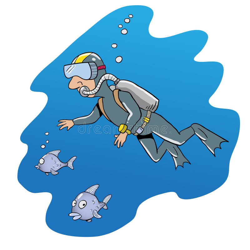 Scuba diver diving underwater surronded by fish stock illustration