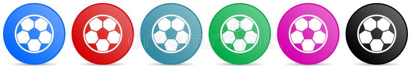 Soccer vector icons, set of circle gradient buttons in 6 colors options for webdesign and mobile applications royalty free illustration