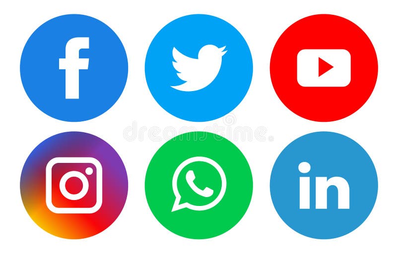 Editable vector illustration of popular social media icons solid flat on white background. Facebook logo follow vectors