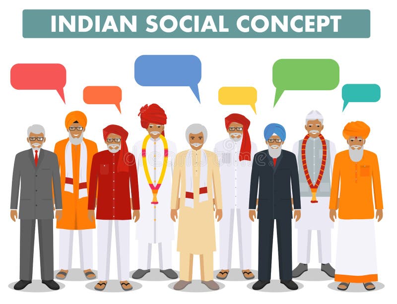Social concept. Group indian senior people and speech bubbles standing together in different traditional national vector illustration Social concept. Group indian senior people and speech bubbles standing together in different traditional national vector illustration