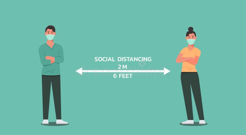Man and woman wear face mask and cross their arms standing together maintain social distancing, keep distance, character flat vector illustration. Normal cross vectors