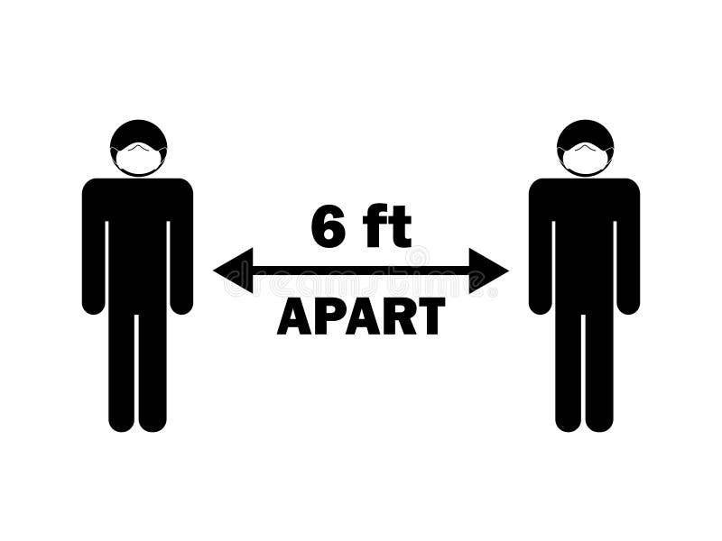 Social Distancing six 6 feet apart from others. Black and white stick figures with face mask. Covid-19 pandemic guideline. EPS