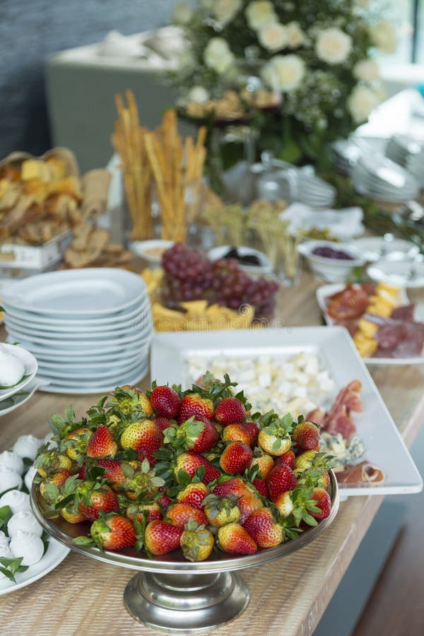 Social Events Reception; Tasty Snacks for Guests at the Reception Stock