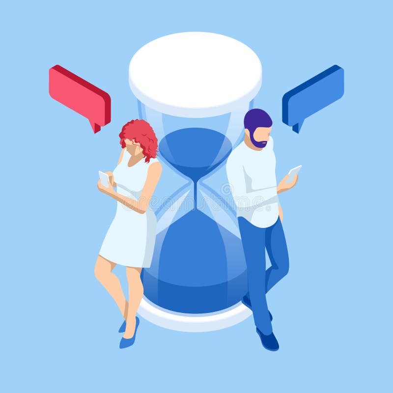Social isométrico, medios, concepto del márketing Hombre y mujer con smartphones cerca del reloj de arena Hombre y mujer en l?nea ilustración del vector Social isométrico, medios, concepto del márketing Hombre y mujer con smartphones cerca del reloj de arena Hombre y mujer en l?nea ilustración del vector