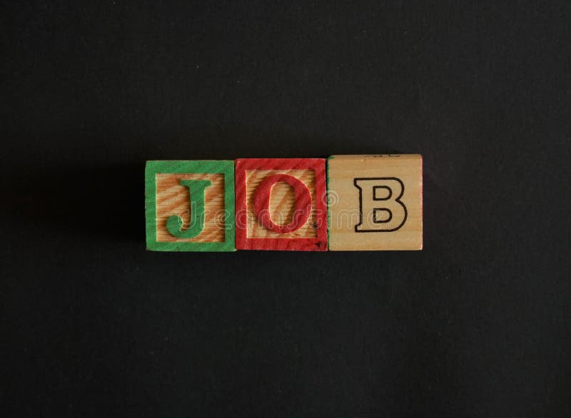 Word Jobs composed by wooden cubes on black background stock photos Word Jobs composed by wooden cubes on black background stock photos