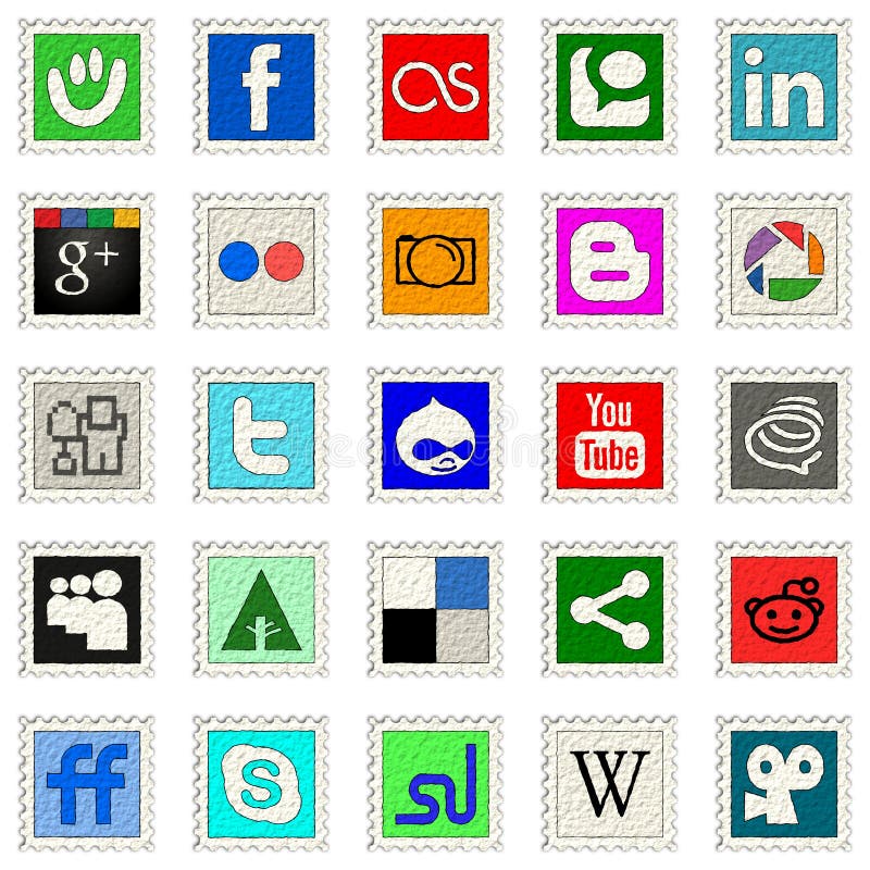 Postage stamps, 25 most popular social media icon.