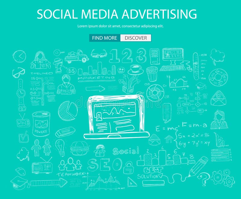 Social Media Advertising concept with Doodle design style: vector illustration