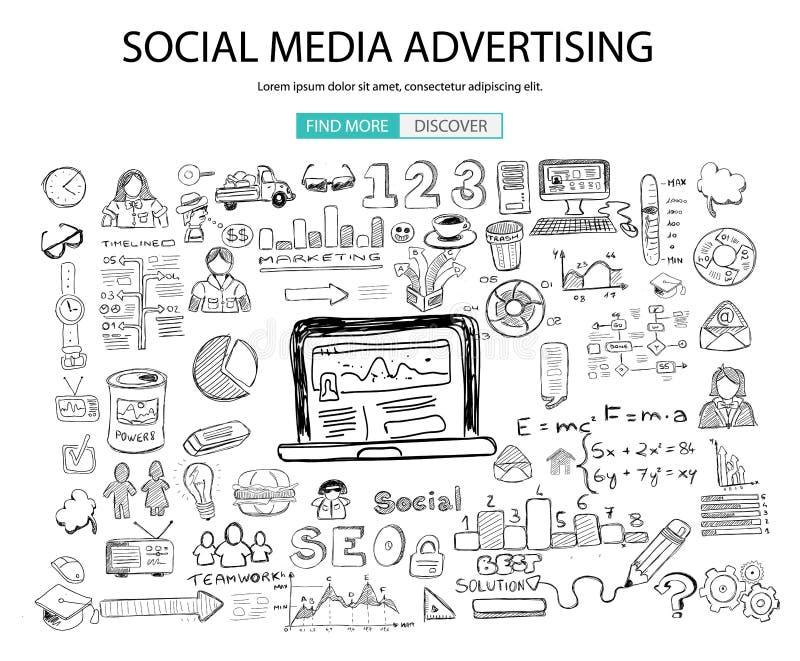 Social Media Advertising concept with Doodle design style: online solution royalty free illustration