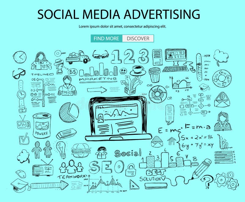 Social Media Advertising concept with Doodle design style: online solution stock illustration
