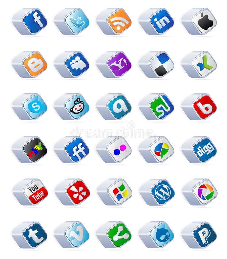 Social media buttons set. Set of social media buttons in the form of mettalic cubes Social media buttons set. Set of social media buttons in the form of mettalic cubes