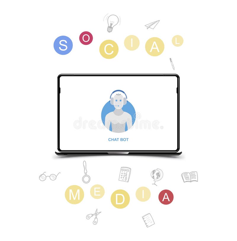 Social media with chat bot and doodle icons in laptop on the white background. Flat vector illustration EPS 10 vector illustration Social media with chat bot and doodle icons in laptop on the white background. Flat vector illustration EPS 10 vector illustration