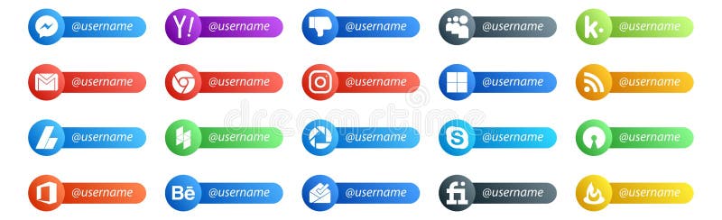20 Social Media Follow Button. Username and place for text like skype. houzz. mail. ads. rss royalty free illustration