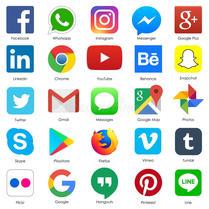 Illustrative editorial of social media icon for Facebook, Whatsapp, Skype, Youtube, Instagram, Snapchat, Hangout Twitter. Illustrative editorial of social media icon for Facebook, Whatsapp, Skype, Youtube, Instagram, Snapchat, Hangout Twitter