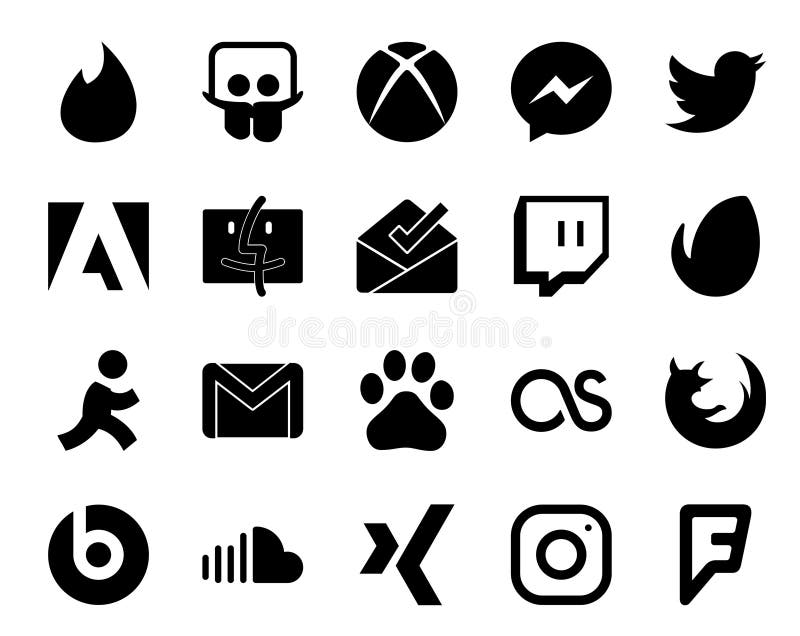 20 Social Media Icon Pack Including firefox. baidu. inbox. mail. gmail stock illustration