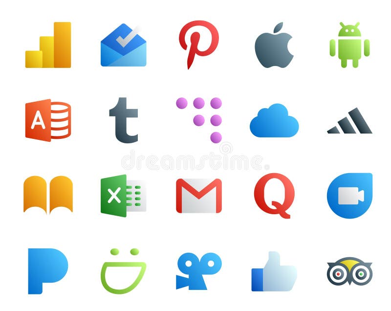 20 Social Media Icon Pack Including google duo. quora. icloud. mail. gmail royalty free illustration
