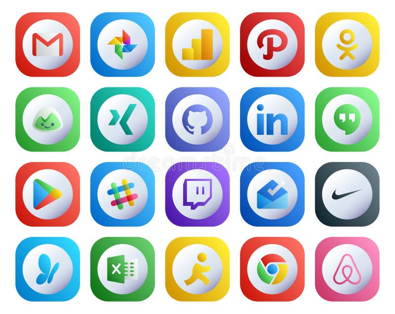 20 Social Media Icon Pack Including inbox. chat. xing. slack. google play stock illustration