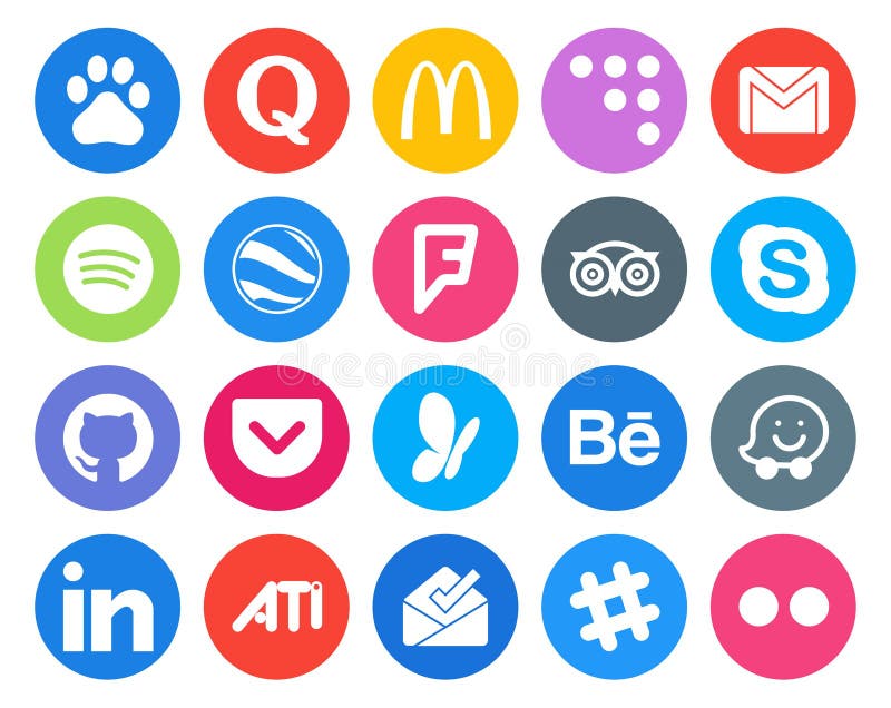 20 Social Media Icon Pack Including msn. github. spotify. chat. travel vector illustration