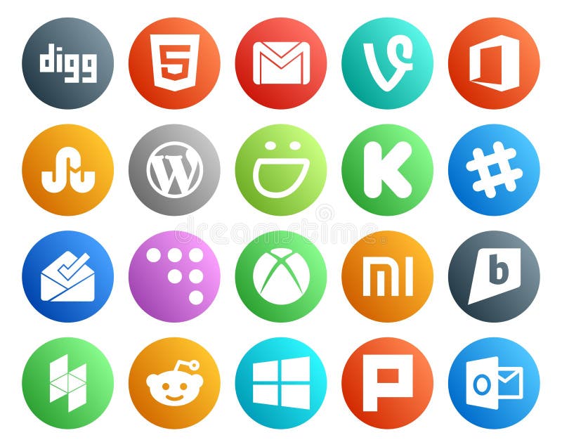 20 Social Media Icon Pack Including xiaomi. coderwall. wordpress. inbox. slack royalty free illustration