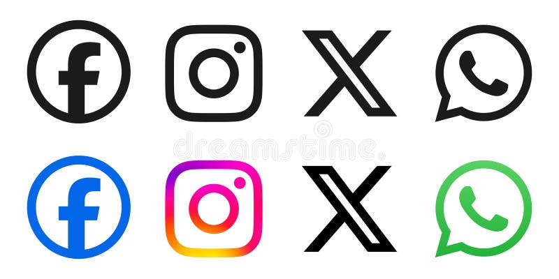 Social media icon set, facebook, instagram, whatsapp, x social media, networking apps, social network logos. Facebook logo follow vectors