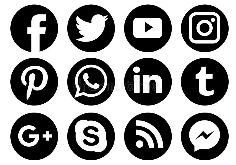 Collection of social media icons black round on white background - editable vector illustration