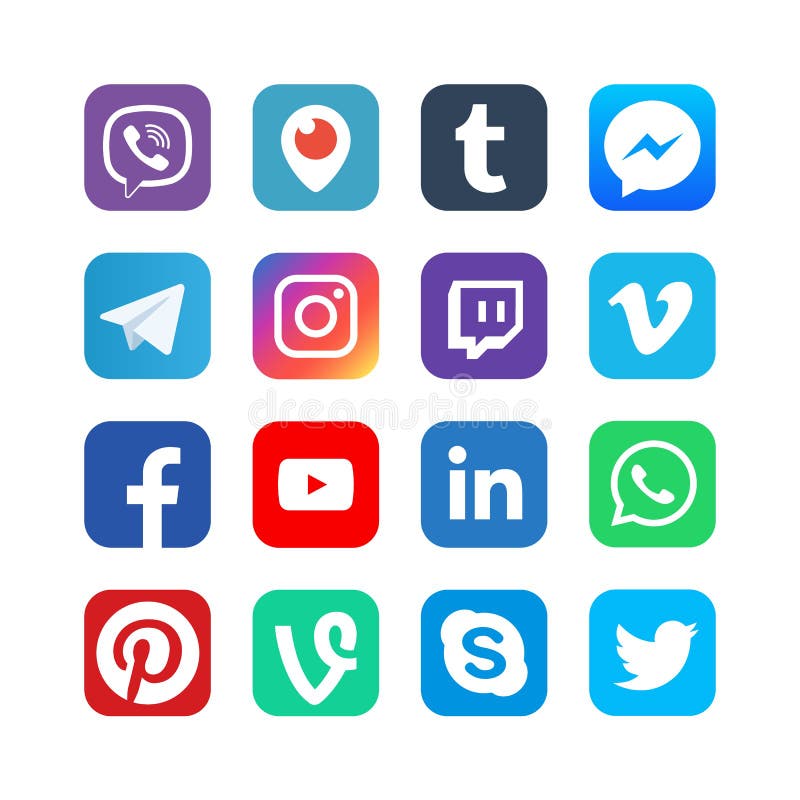 Social media icons. Inspired by facebook, instagram and viber, youtube. Popular media vector web network buttons. Illustration of logo for message app and photo application