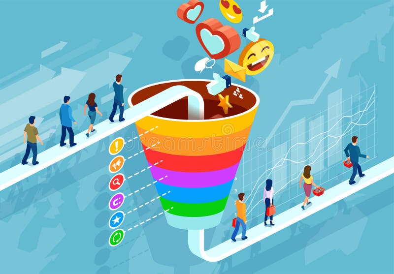 Social media marketing and target audience concept. Isometric funnel infographic of a customer retention