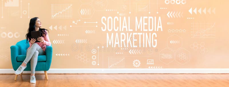 Social media marketing with woman using a tablet stock image Social media marketing with woman using a tablet stock image