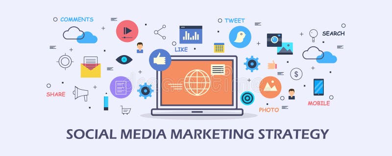 Social Media-Marketingstrategie - zufriedenes Marketing - digitales Medienförderungskonzept Flache Designvektorfahne vektor abbildung Social Media-Marketingstrategie - zufriedenes Marketing - digitales Medienförderungskonzept Flache Designvektorfahne vektor abbildung