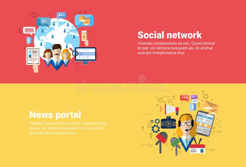 Social Media Network Internet Connection Communication, News Portal Application Web Banner royalty free illustration